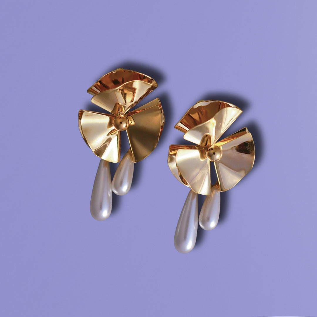 Gold Fan Shaped Pearl Earrings