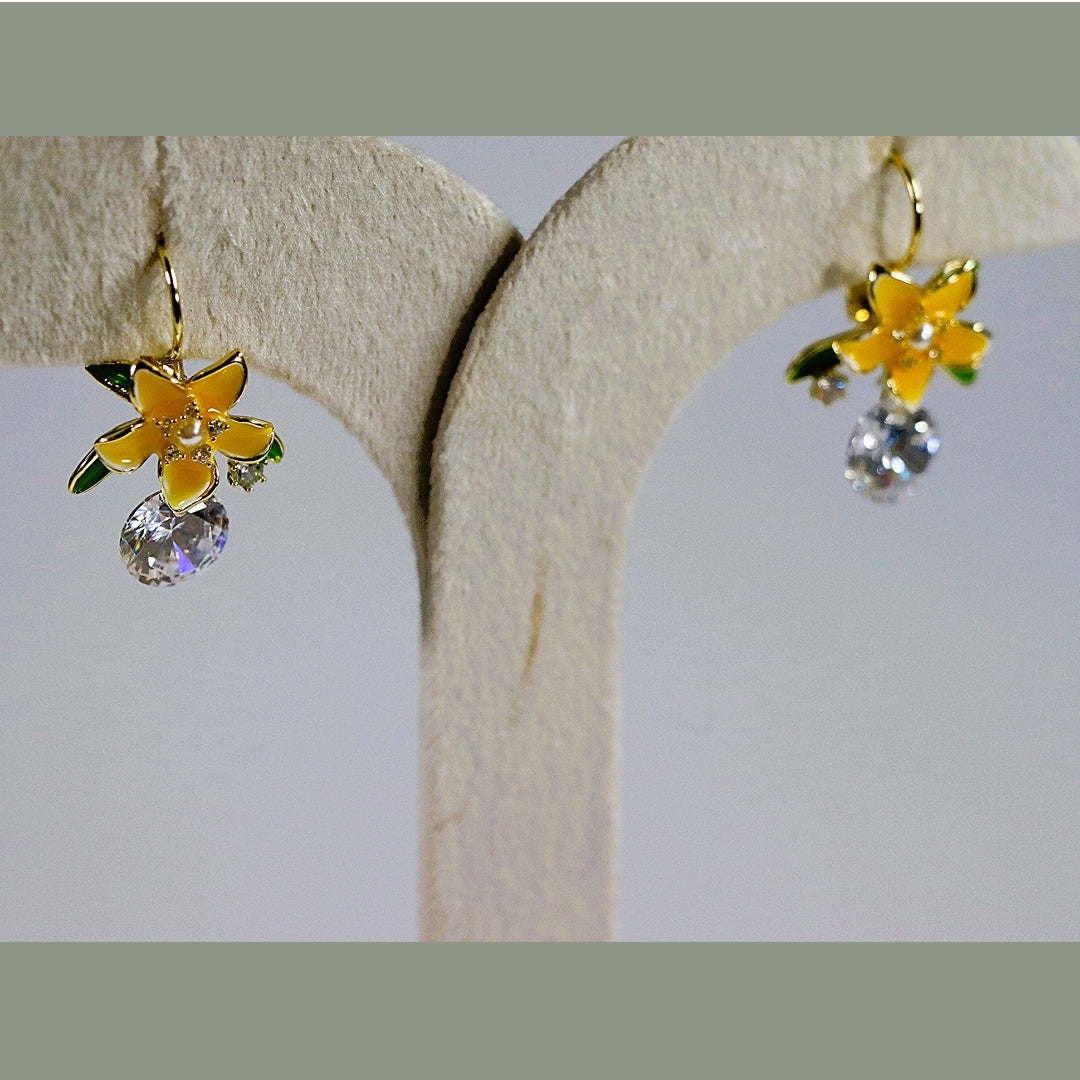 Yellow Enamel Flower with Clear Zirconia Stones Earrings