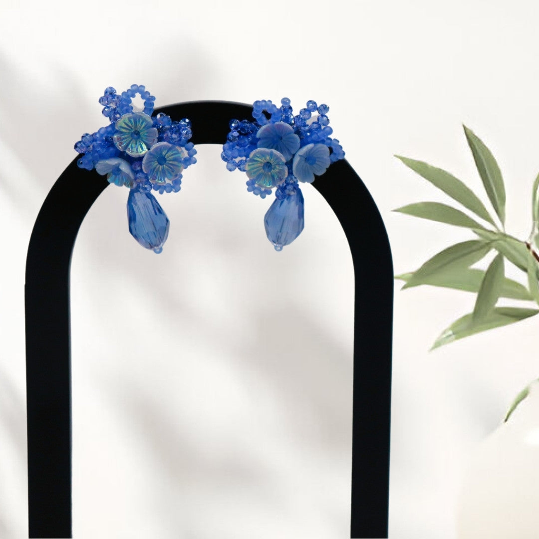 Blue Beaded Flower Earrings