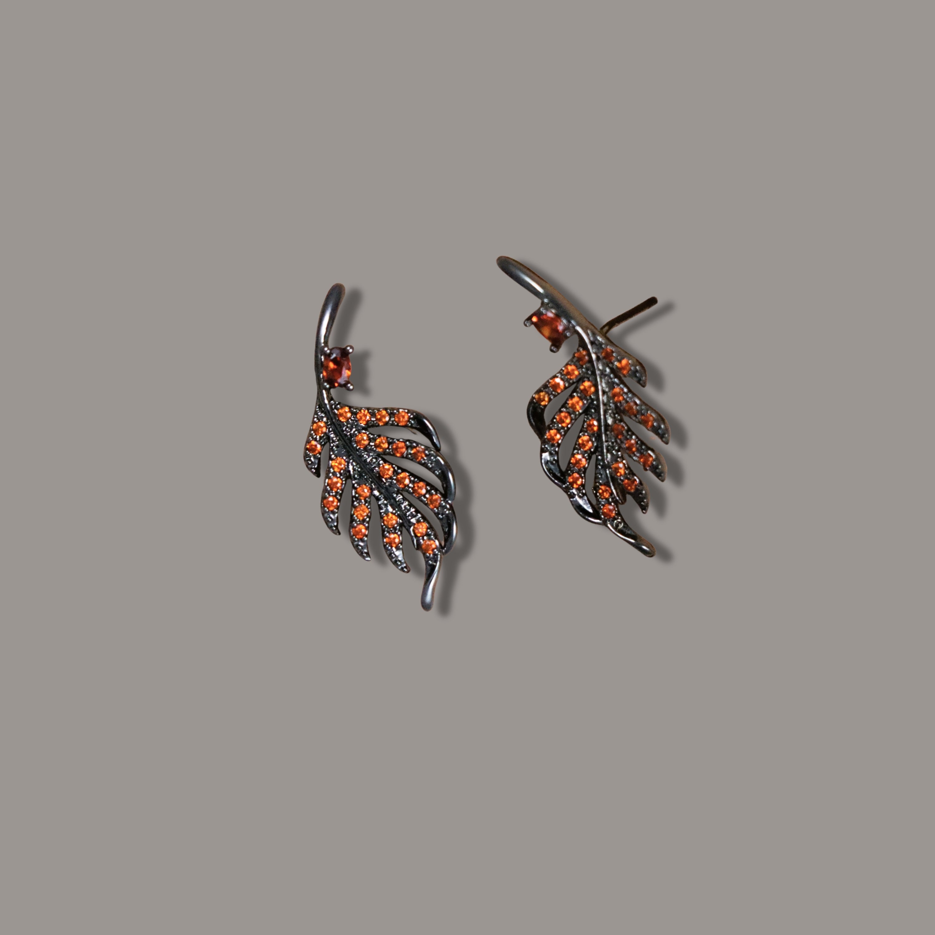 Black-Toned Leaf-Design Rhinestones Earrings