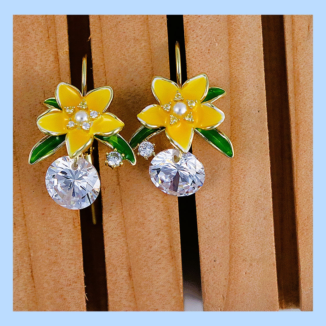Yellow Enamel Flower with Clear Zirconia Stones Earrings