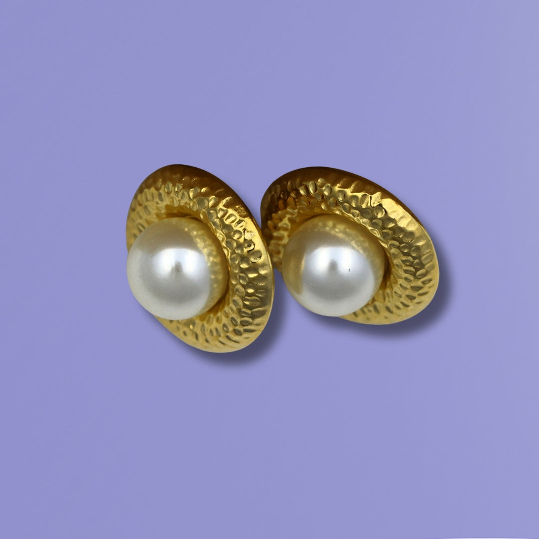Hammered Gold Tone Pearl Earrings