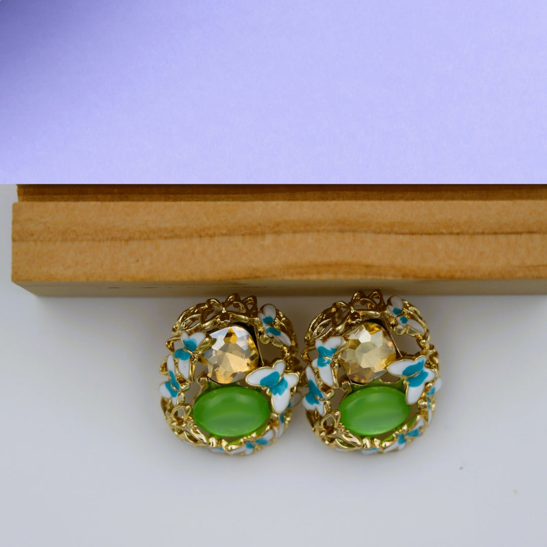Multicolor Butterfly - Green Stone Earrings