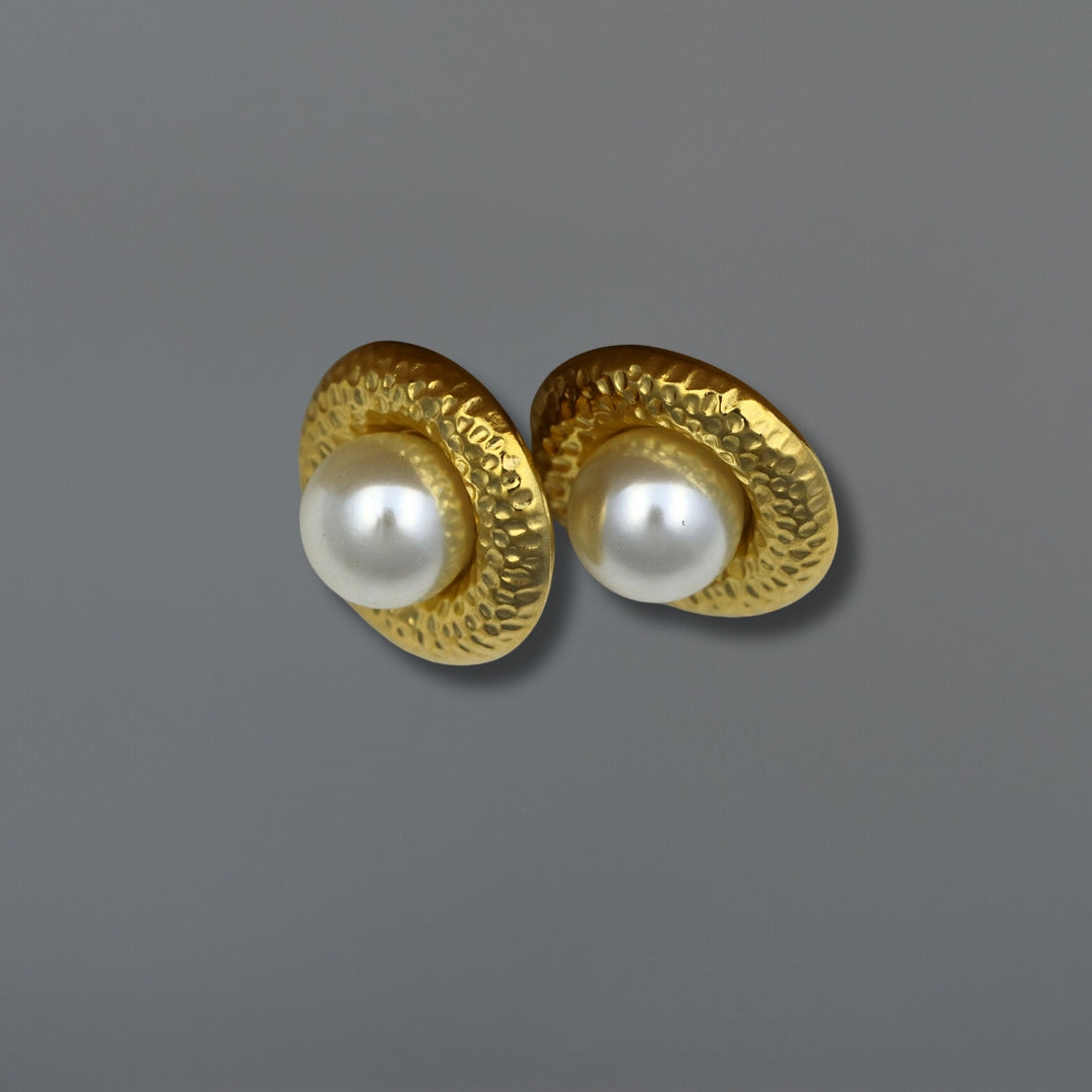 Hammered Gold Tone Pearl Earrings