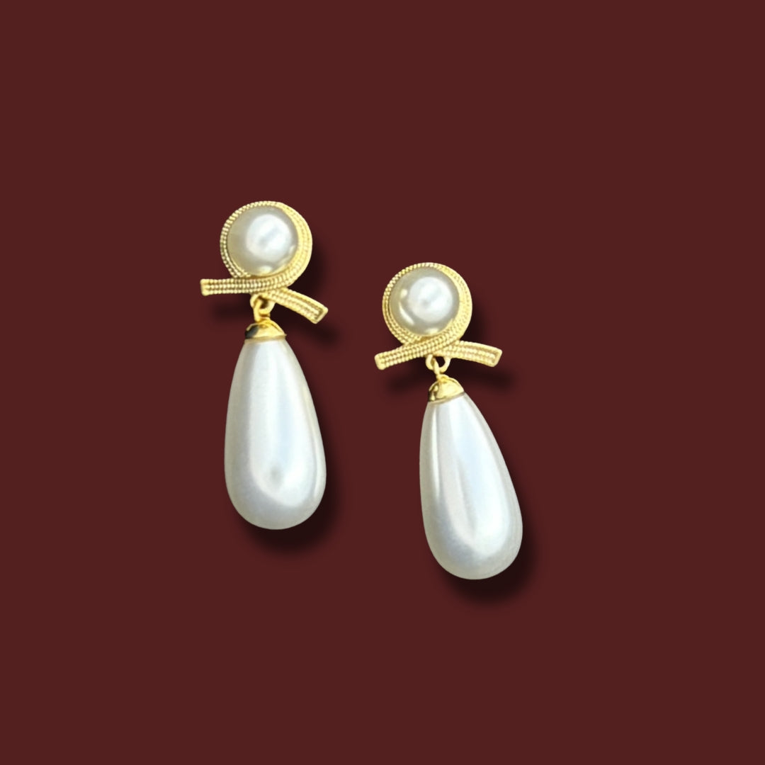 Gold-Plated Bow Pearl Drop Earrings