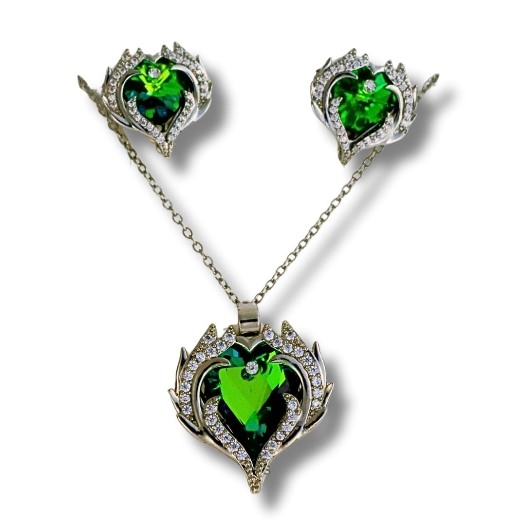 Elegant Green Heart Pendant Chain & Earring