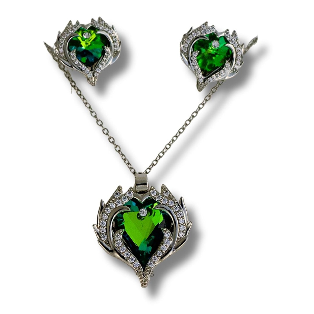 Elegant Green Heart Pendant Chain & Earring