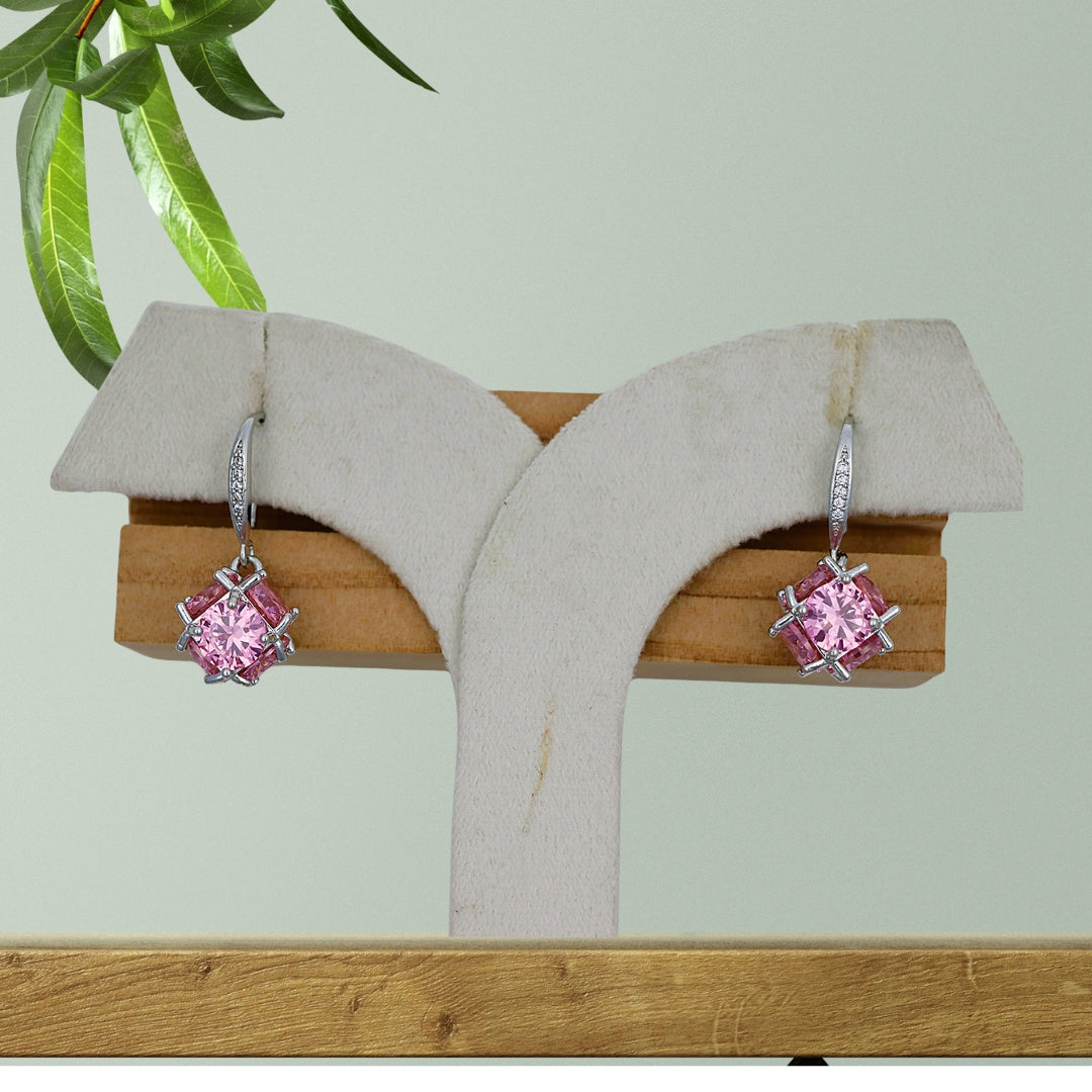 Pink Princess Solitaire Silver Earrings