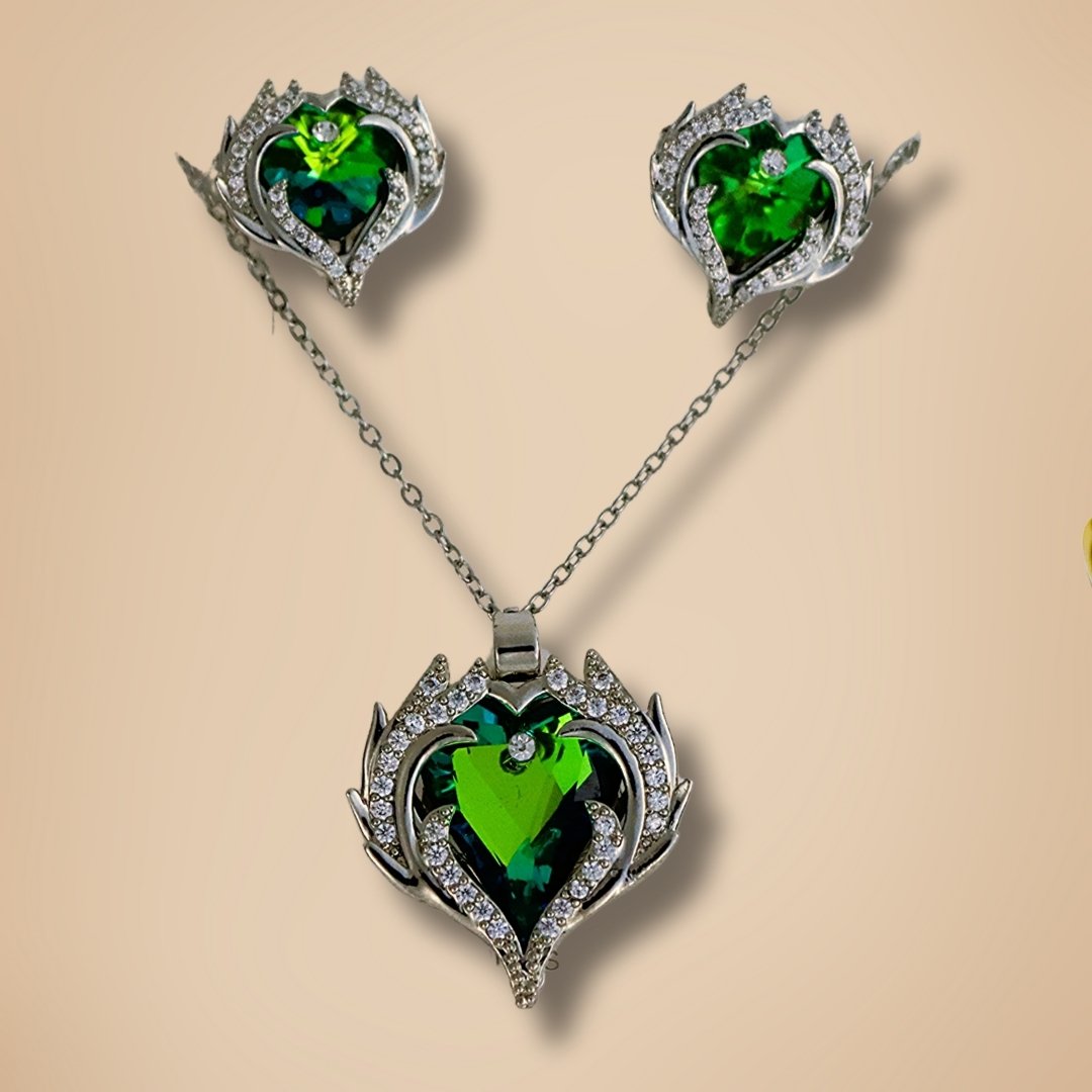 Elegant Green Heart Pendant Chain & Earring