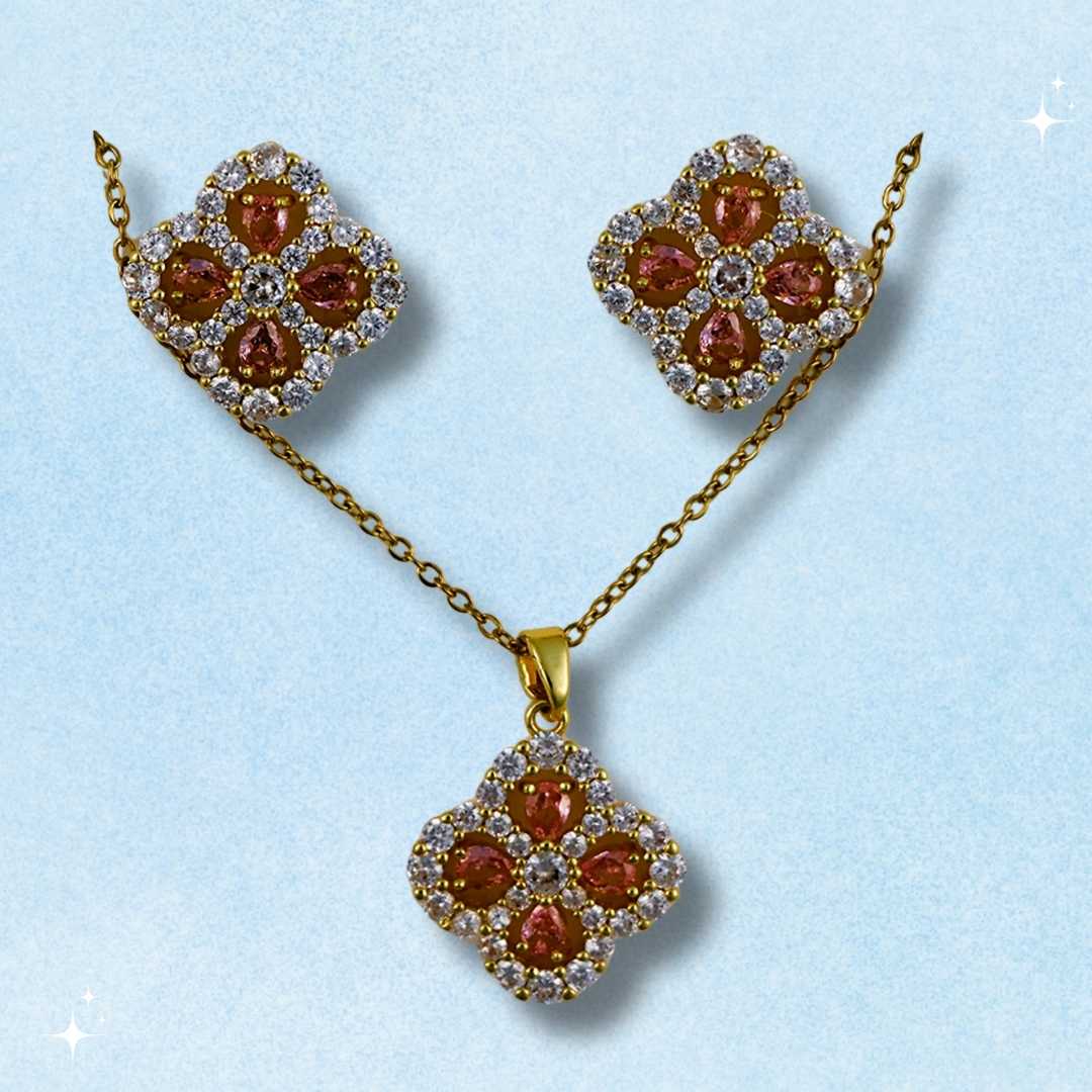 Clover-shaped Studded Pendant Chain & Earrings