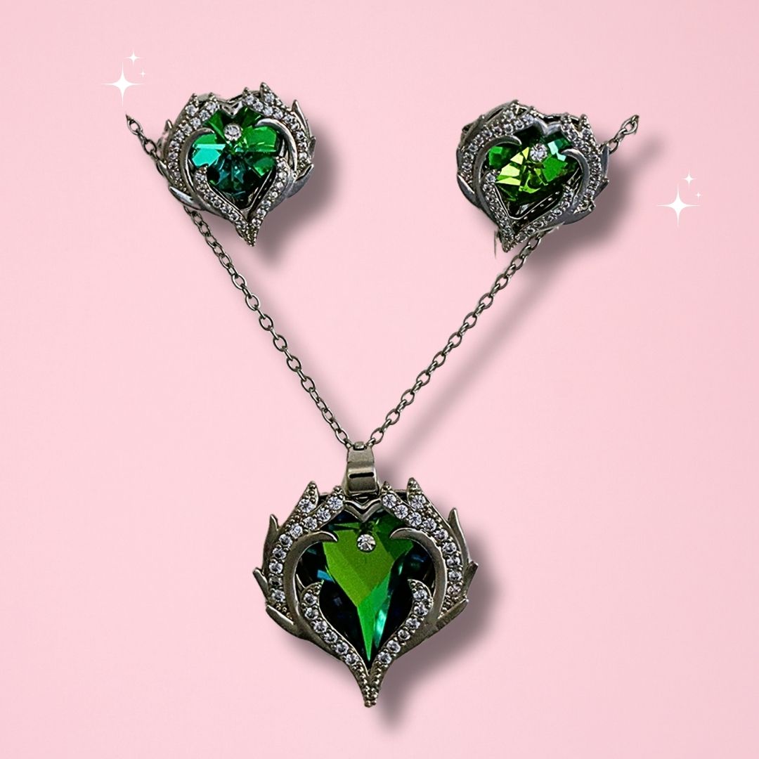 Elegant Green Heart Pendant Chain & Earring