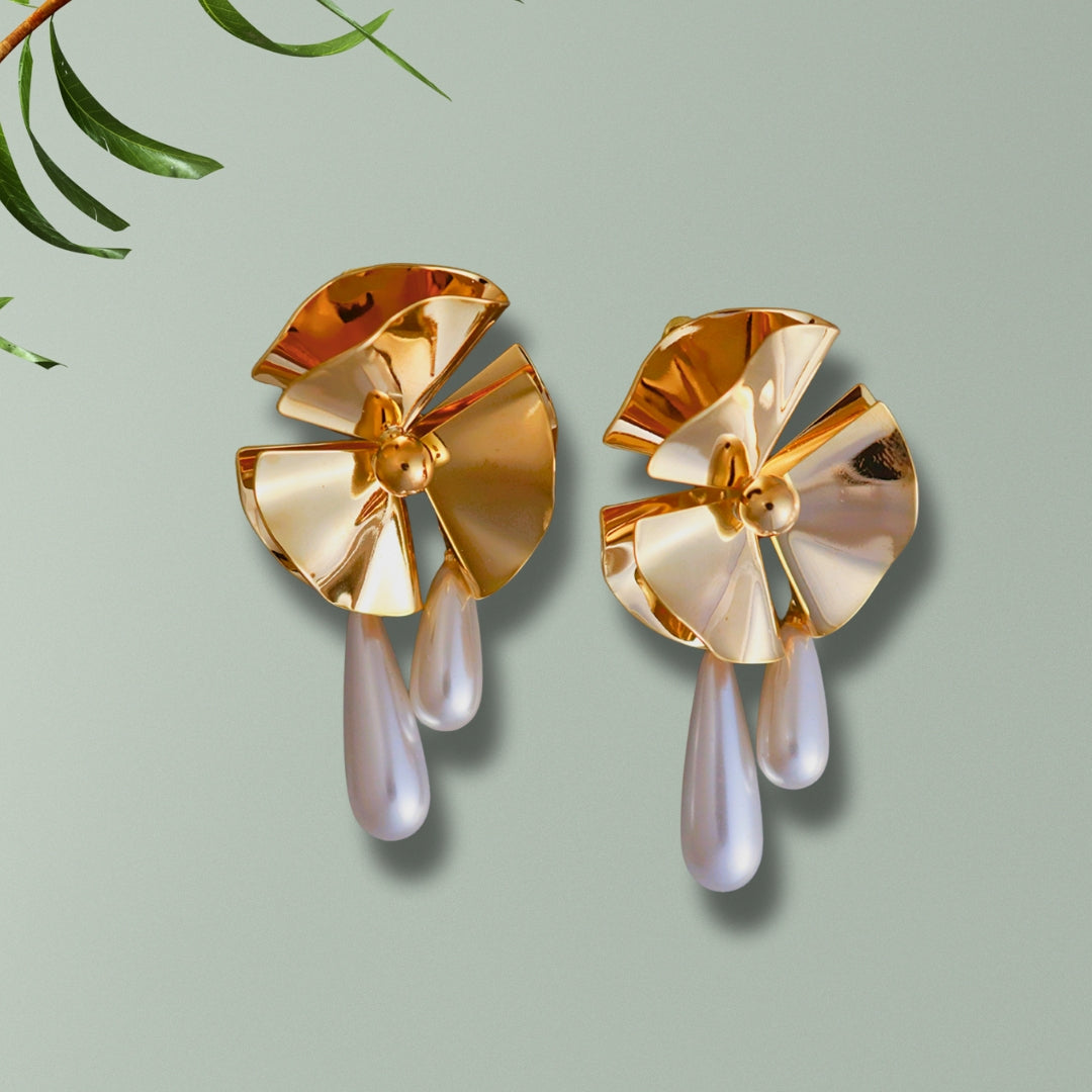 Gold Fan Shaped Pearl Earrings