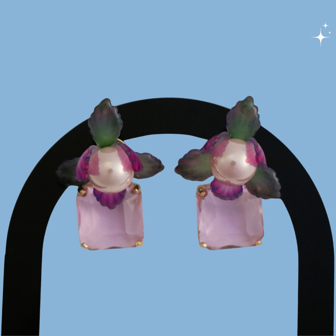 Pink & Green Pearl Flower With Crystal Drop
