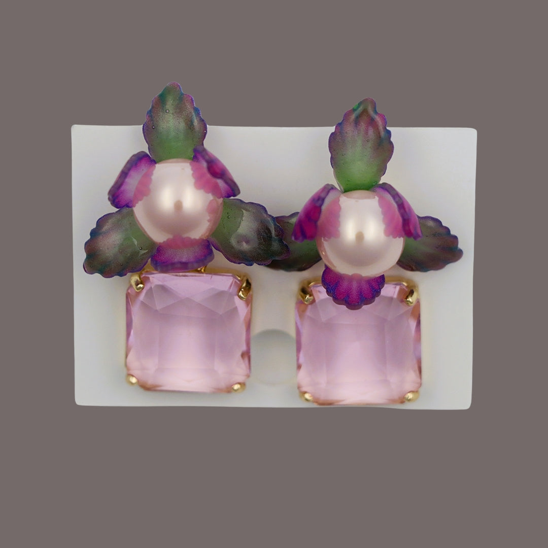 Pink & Green Pearl Flower With Crystal Drop