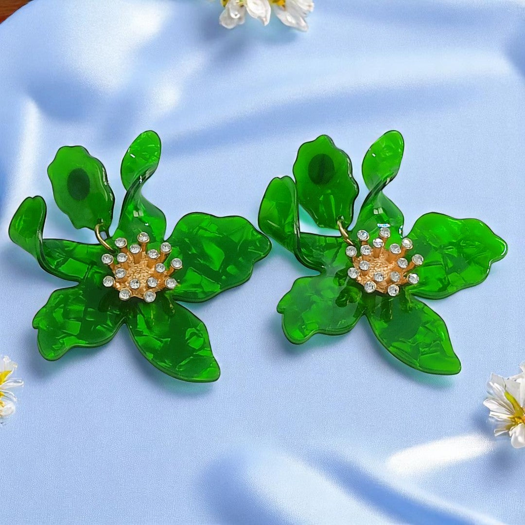 Green Acrylic Resin Floral Earrings