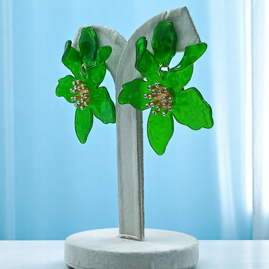 Green Acrylic Resin Floral Earrings