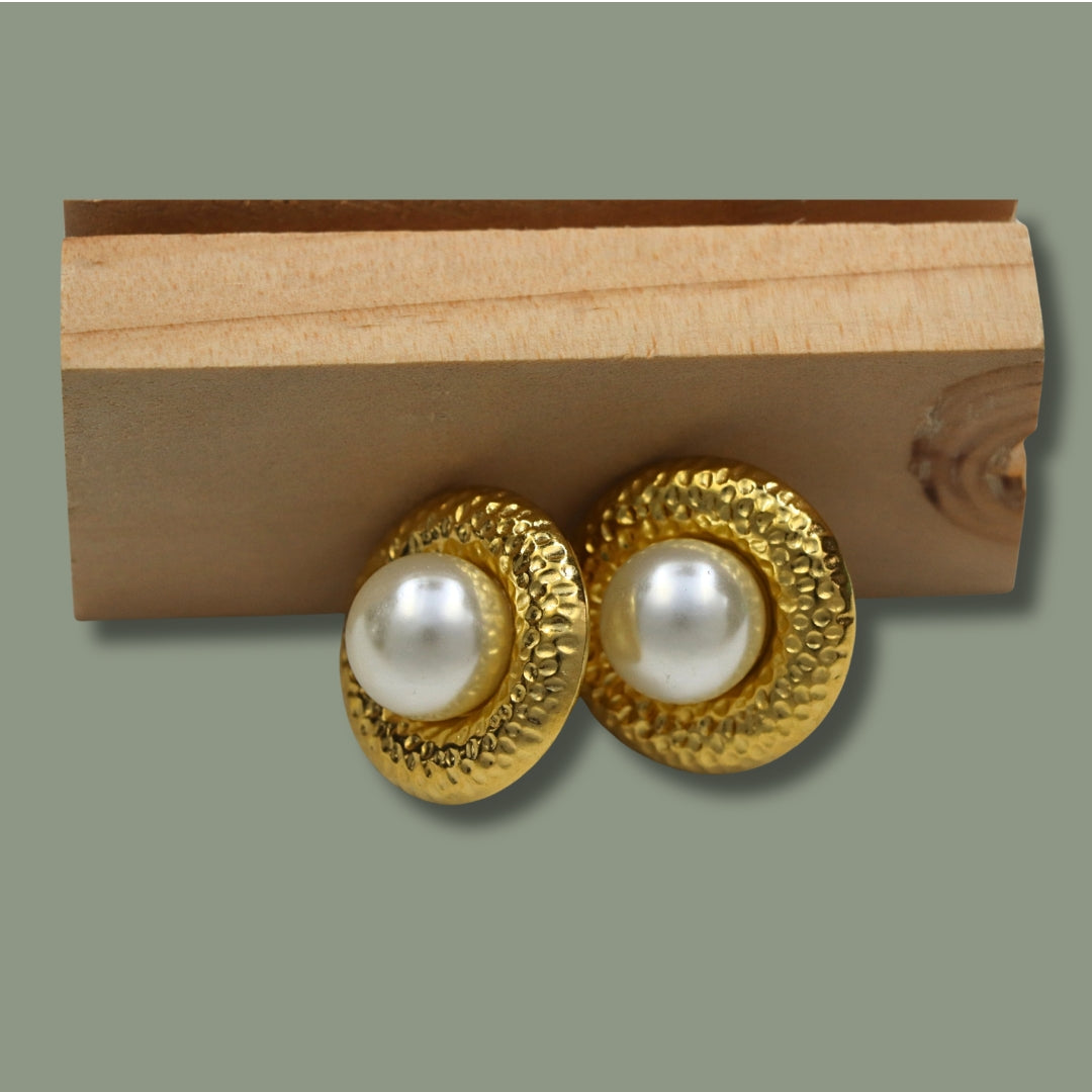 Hammered Gold Tone Pearl Earrings