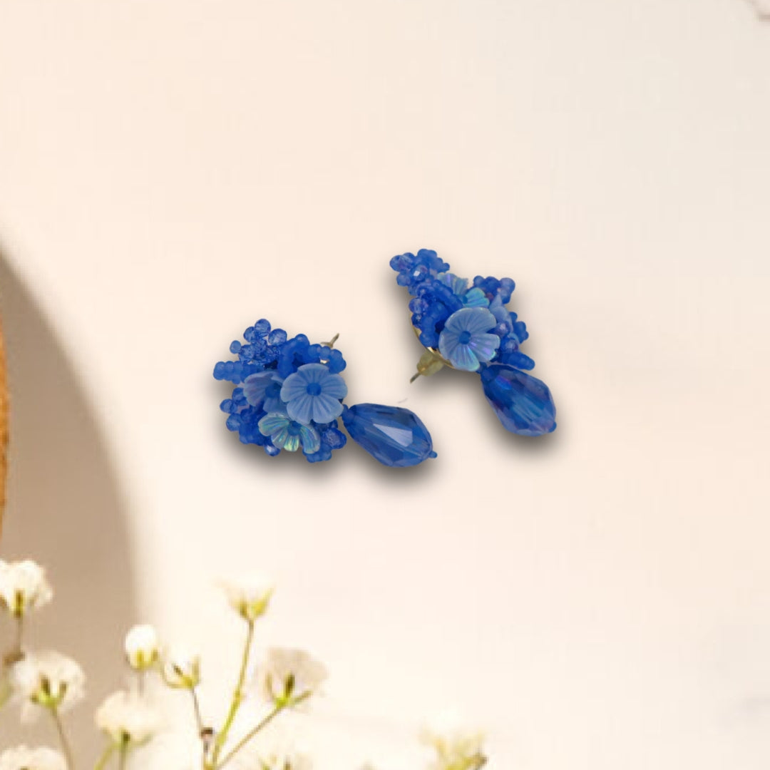 Blue Beaded Flower Earrings