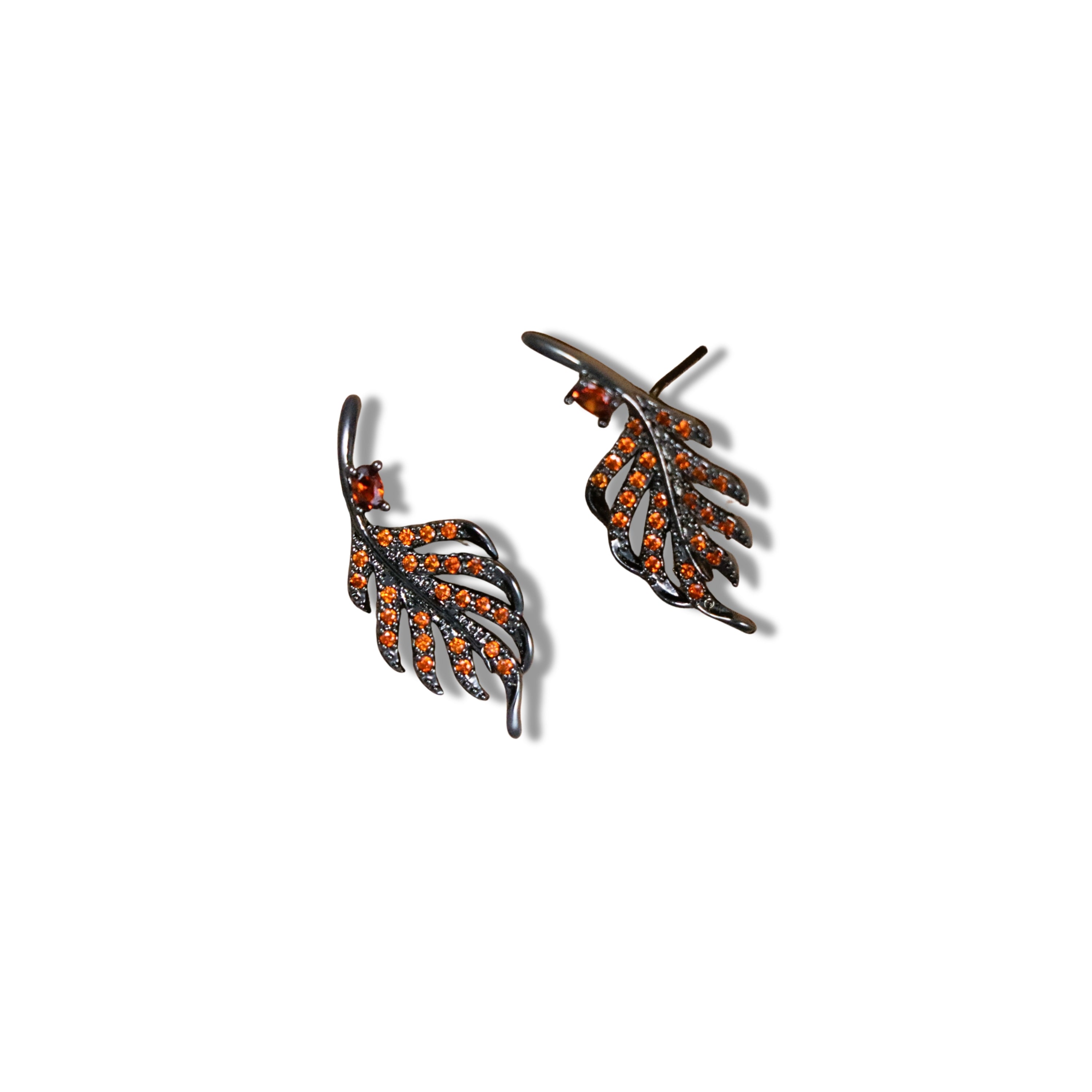 Black-Toned Leaf-Design Rhinestones Earrings