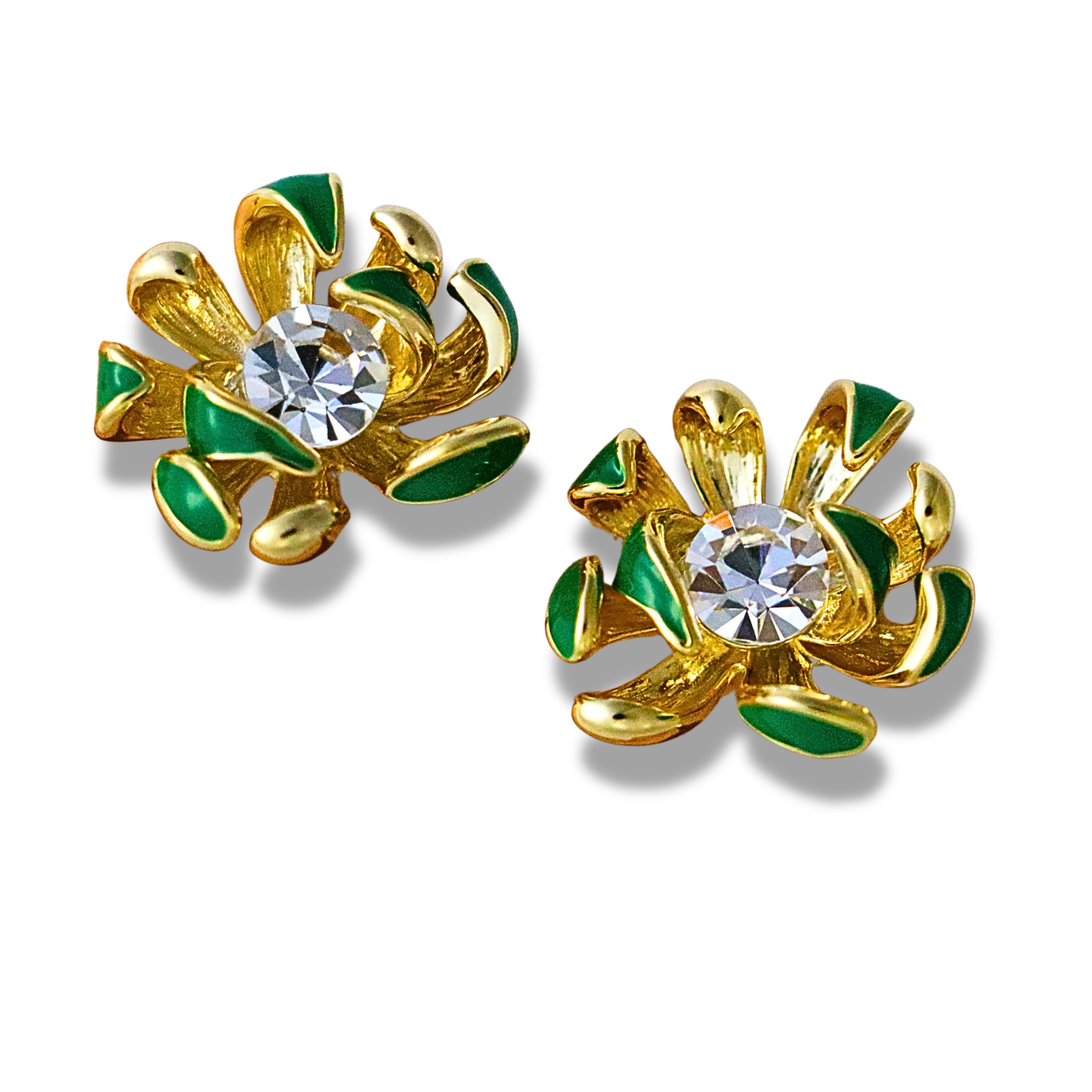 Gold & Green Toned Floral Stud Earrings with Clear Stone