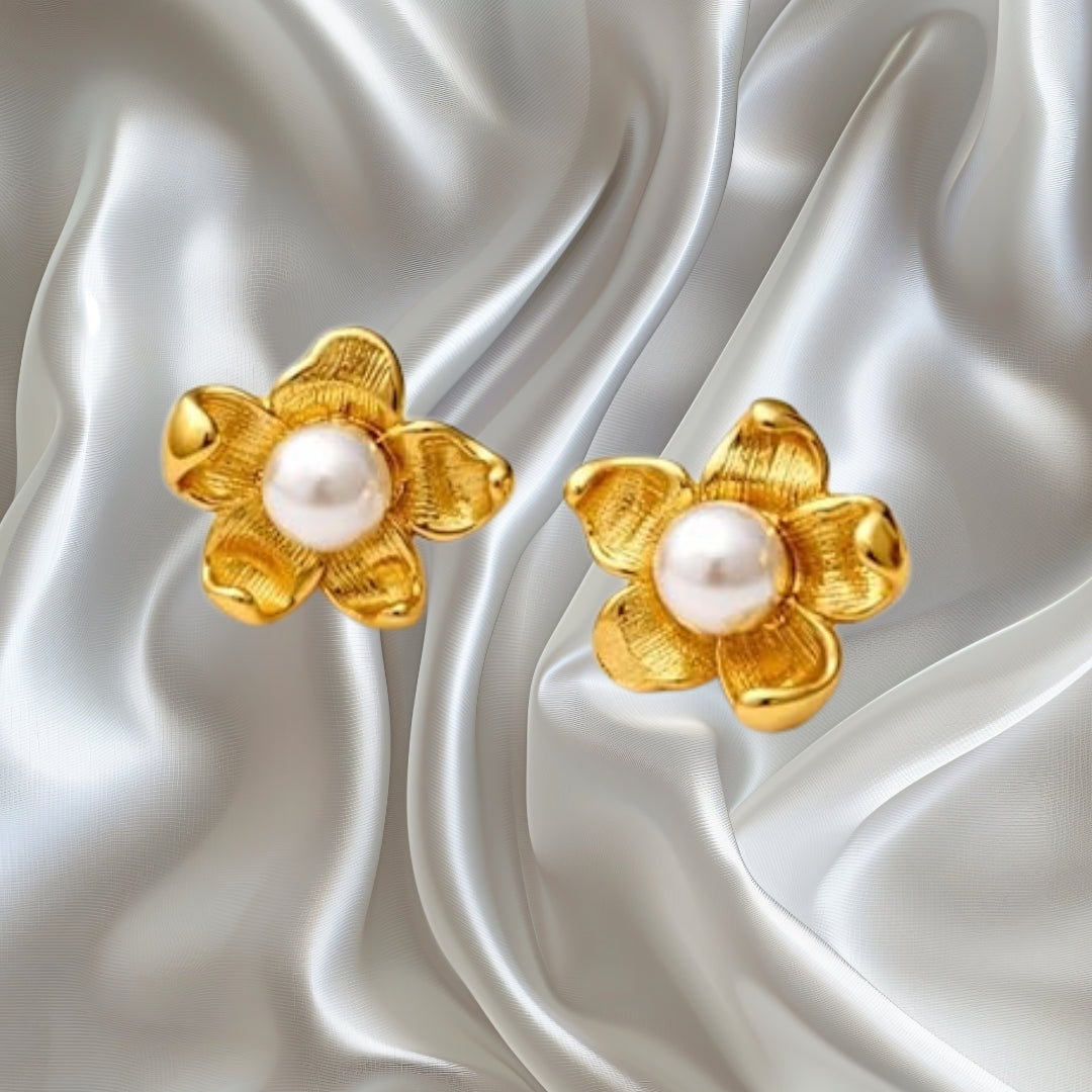 Gold Tone Flower Pearl Earrings