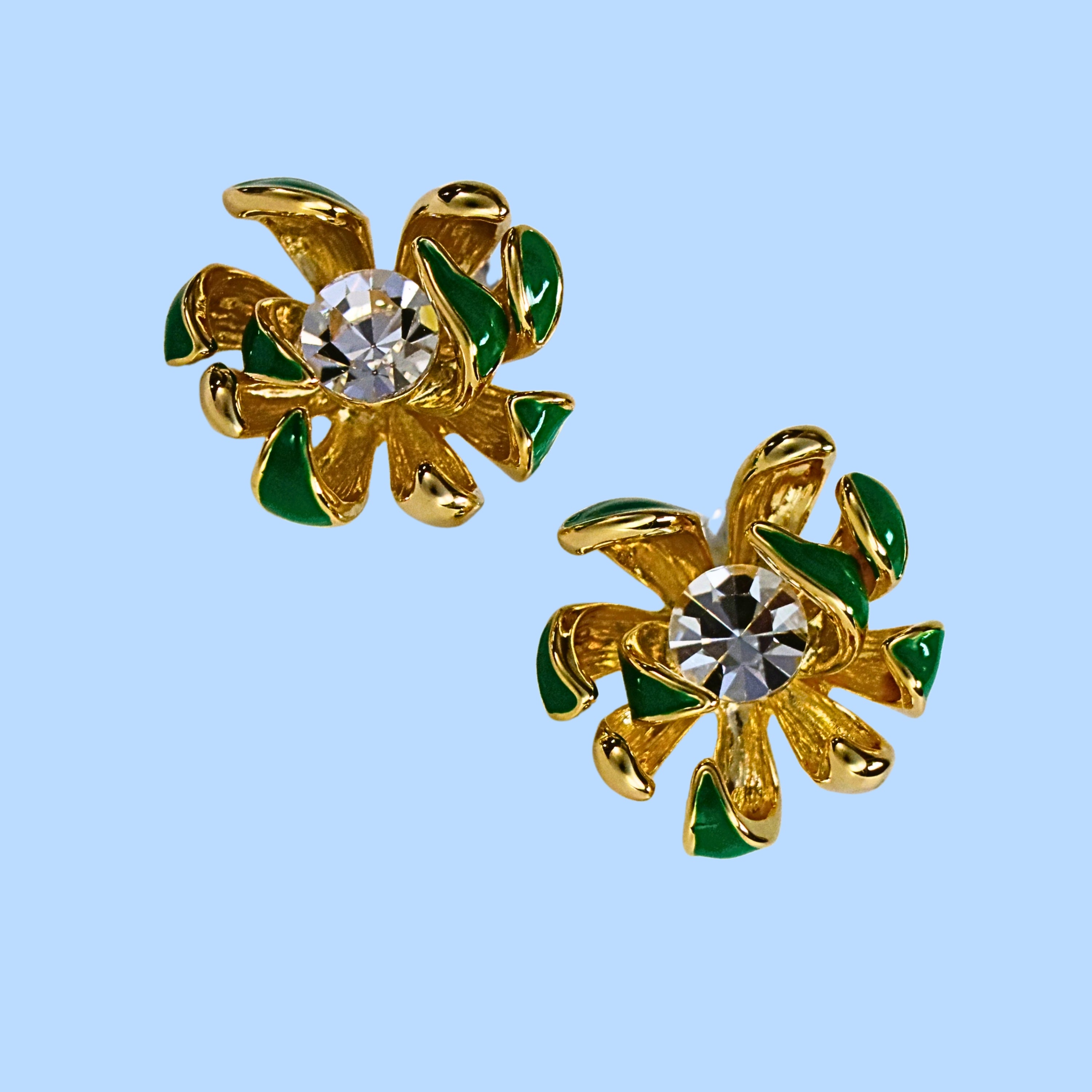 Gold & Green Toned Floral Stud Earrings with Clear Stone