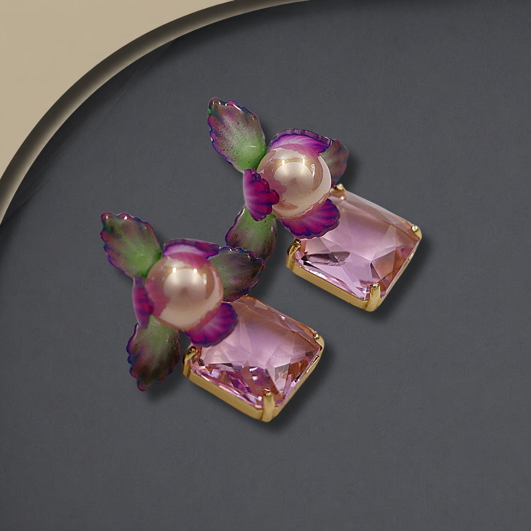 Pink & Green Pearl Flower With Crystal Drop