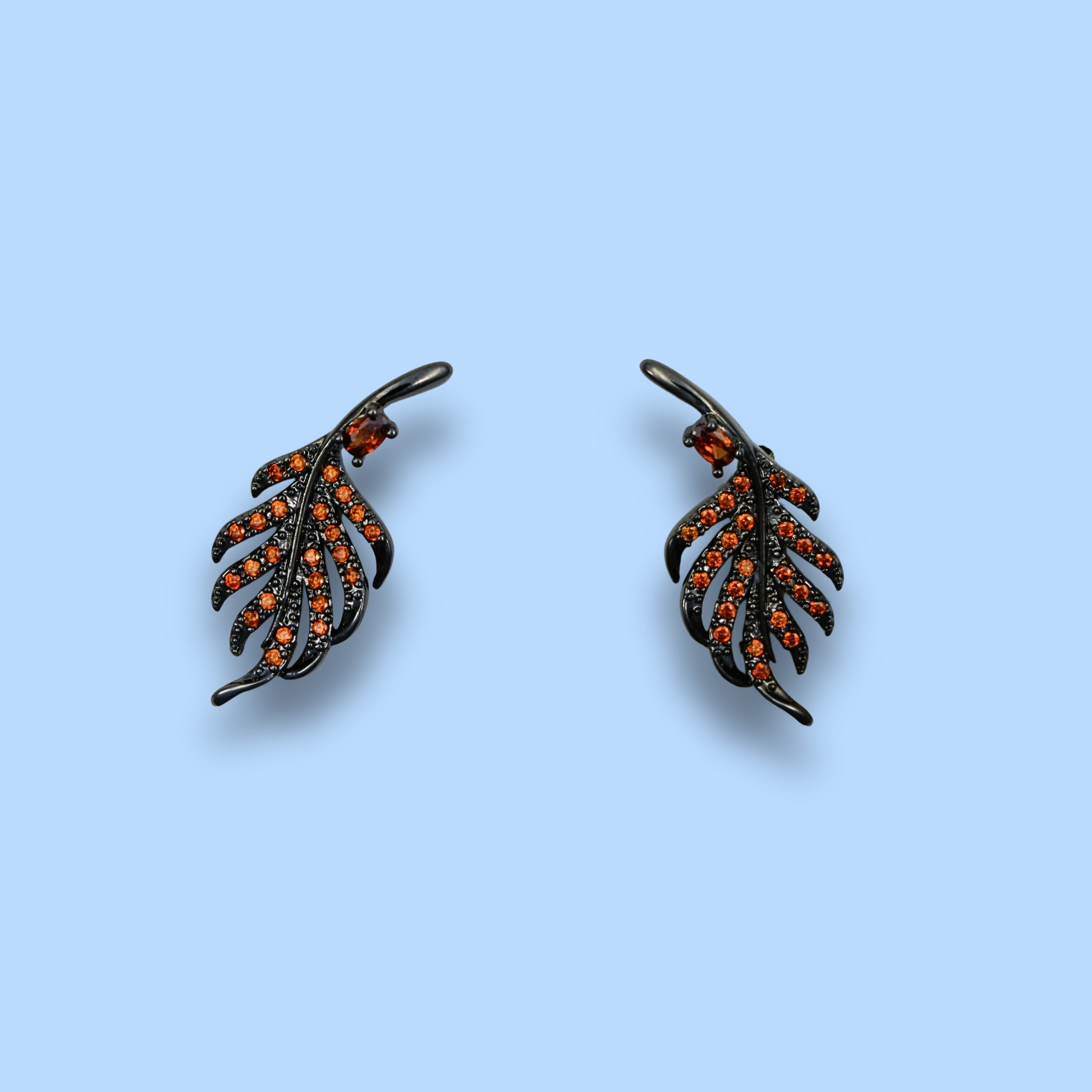 Black-Toned Leaf-Design Rhinestones Earrings