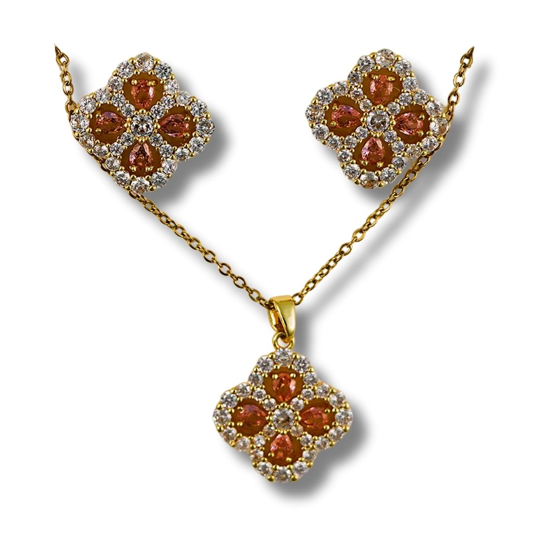 Clover-shaped Studded Pendant Chain & Earrings