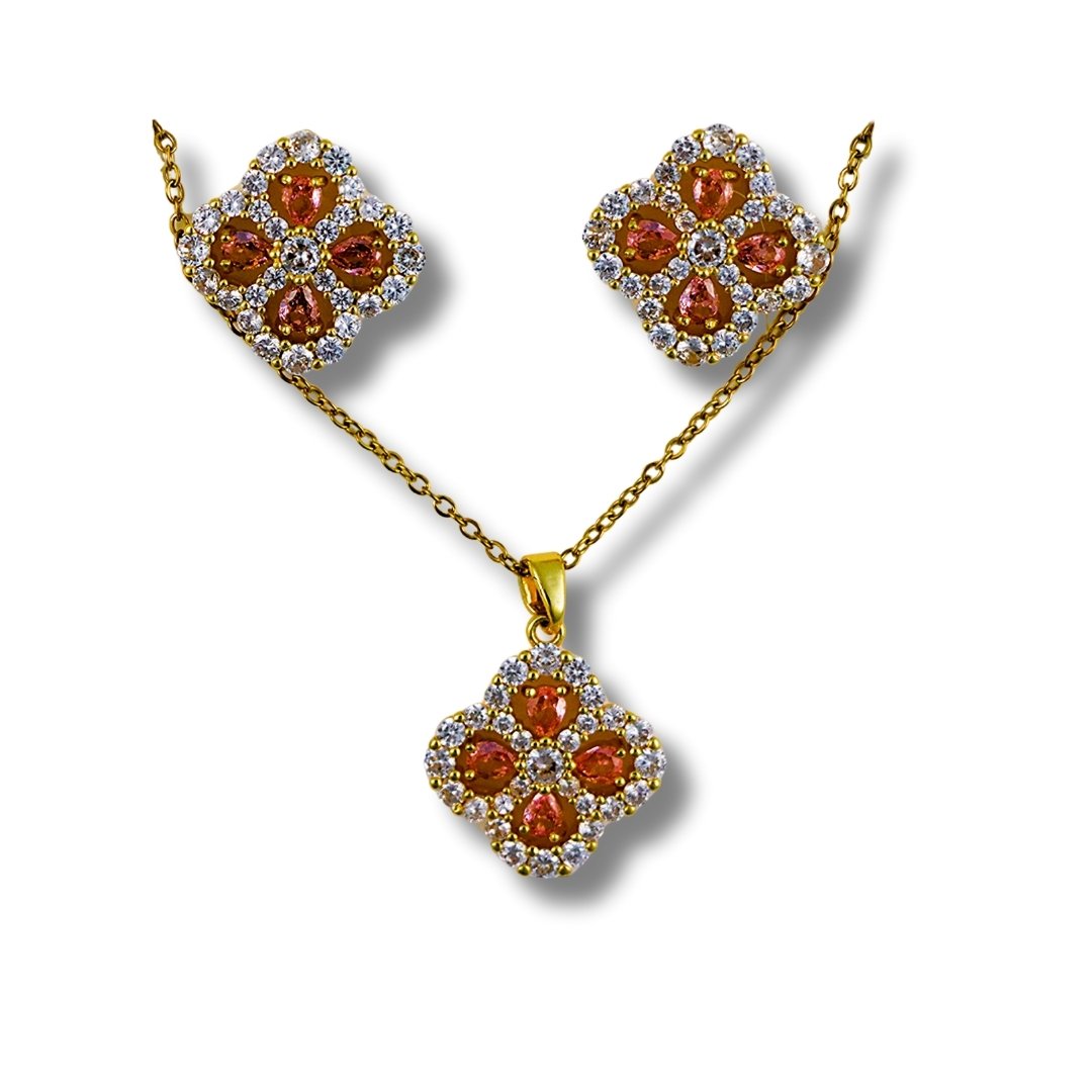 Clover-shaped Studded Pendant Chain & Earrings