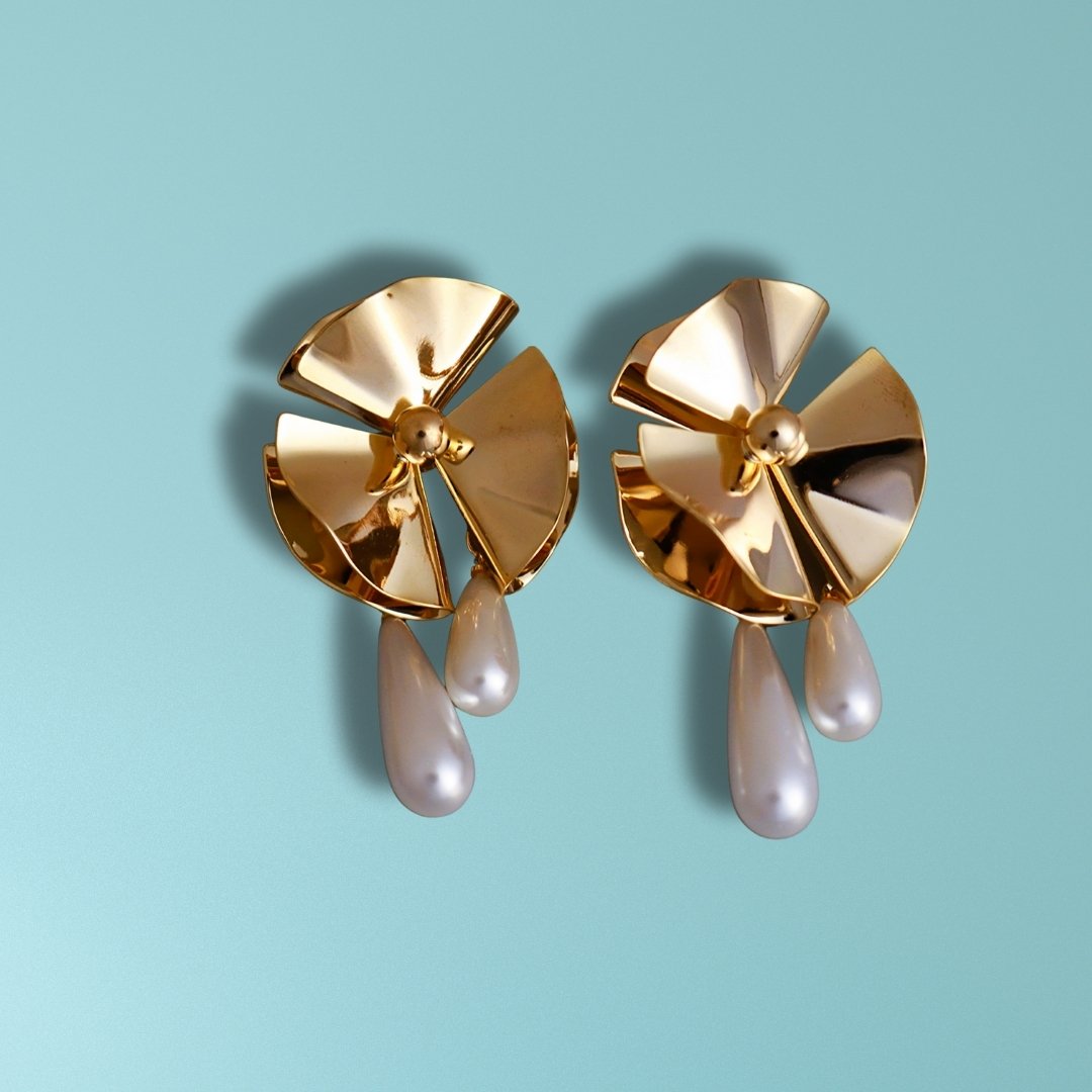 Gold Fan Shaped Pearl Earrings