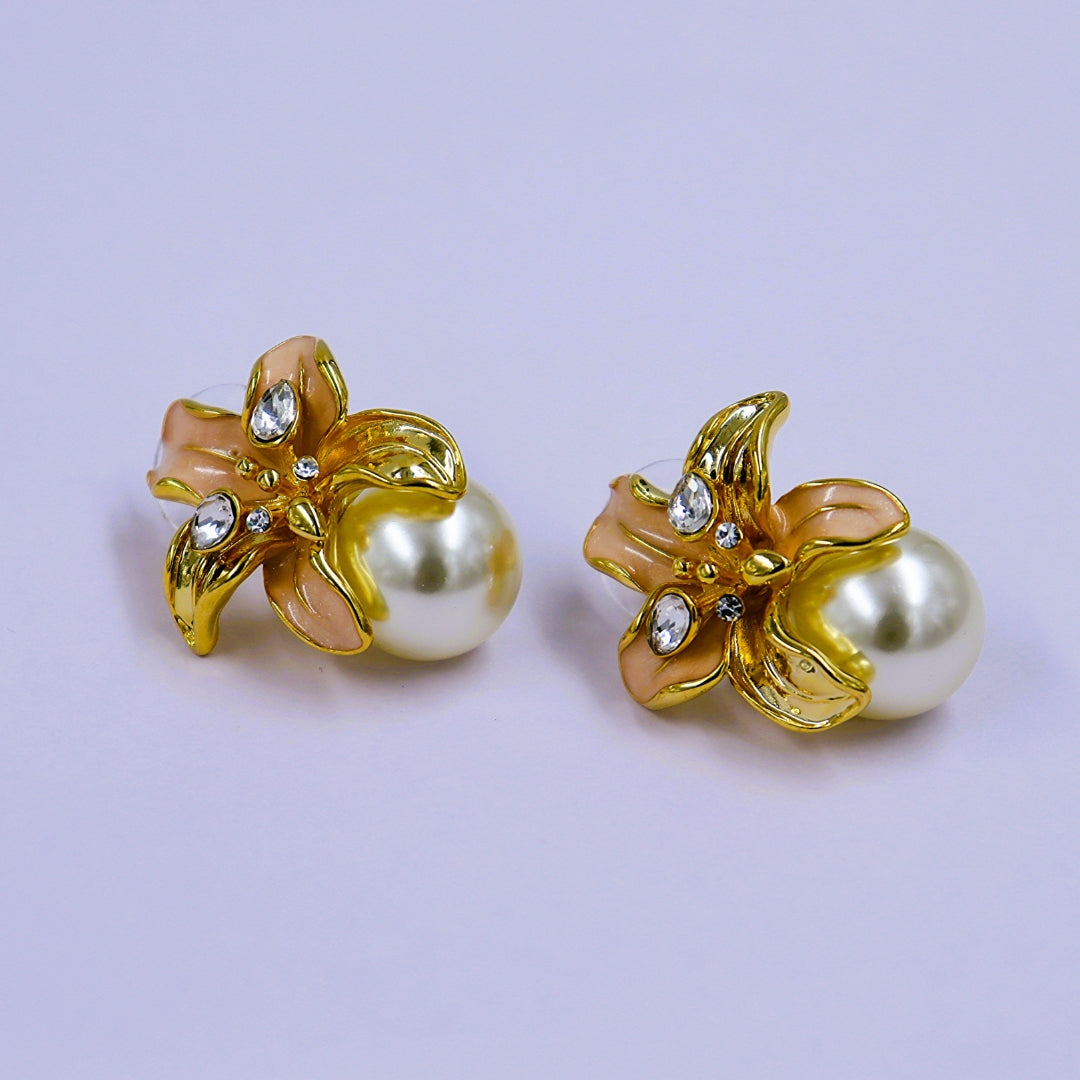 Pink Floral Pearl Drop with Crystal Accents
