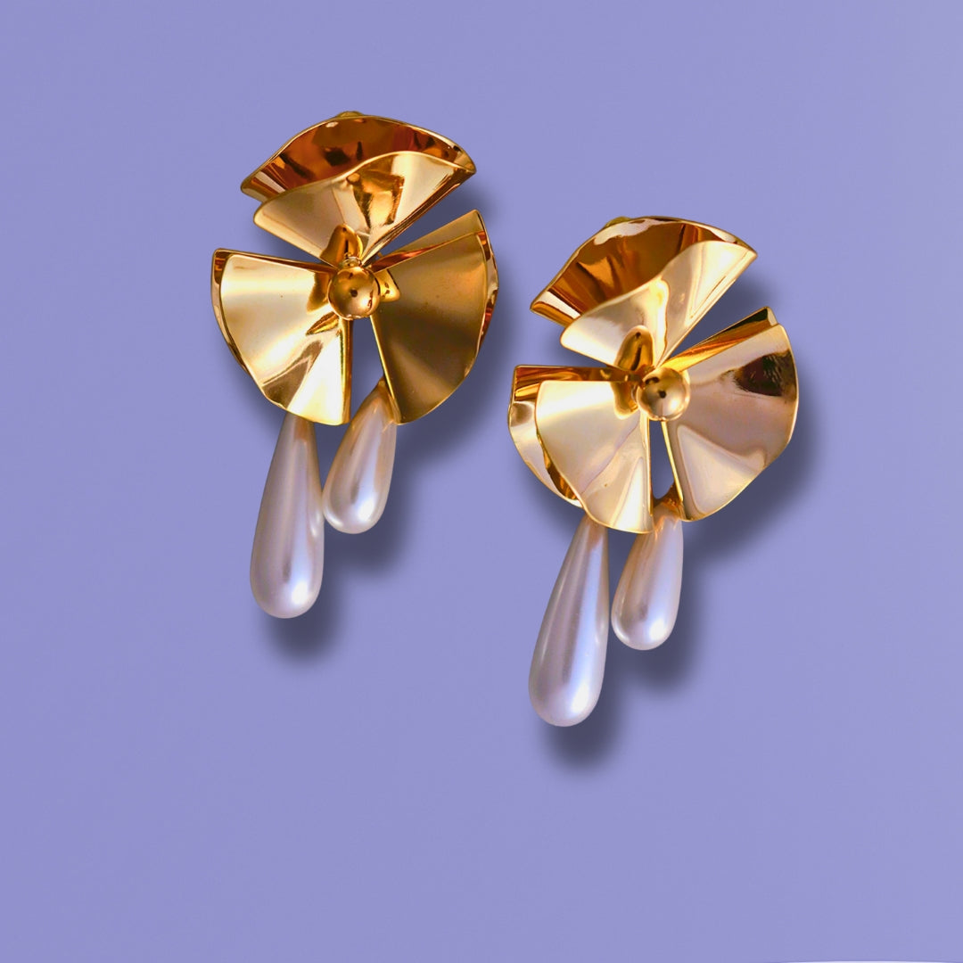 Gold Fan Shaped Pearl Earrings