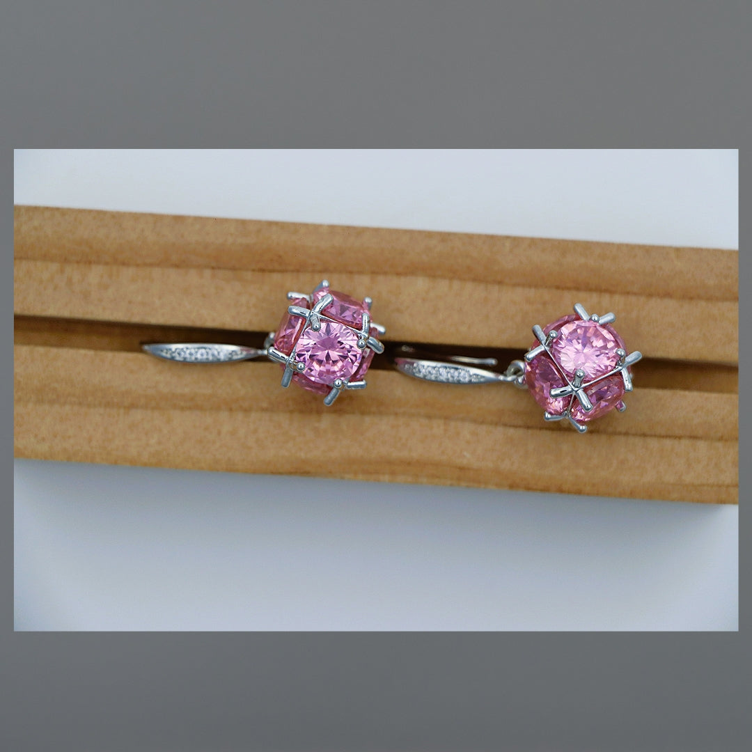 Pink Princess Solitaire Silver Earrings