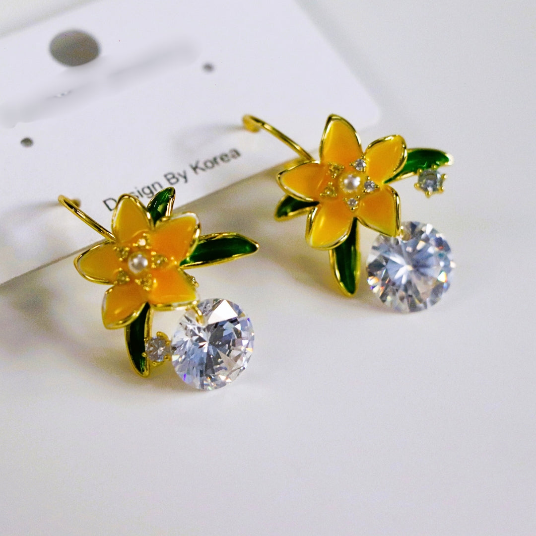 Yellow Enamel Flower with Clear Zirconia Stones Earrings