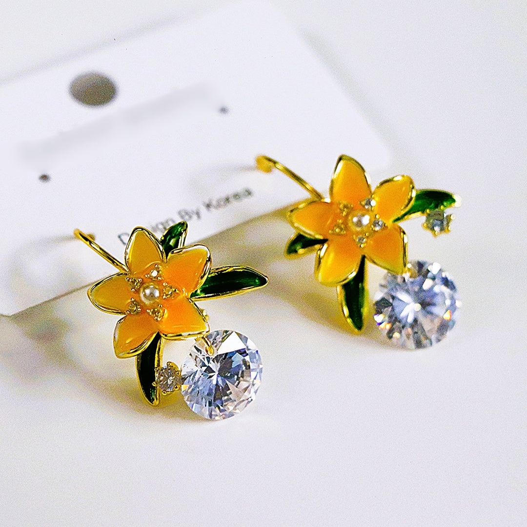 Yellow Enamel Flower with Clear Zirconia Stones Earrings