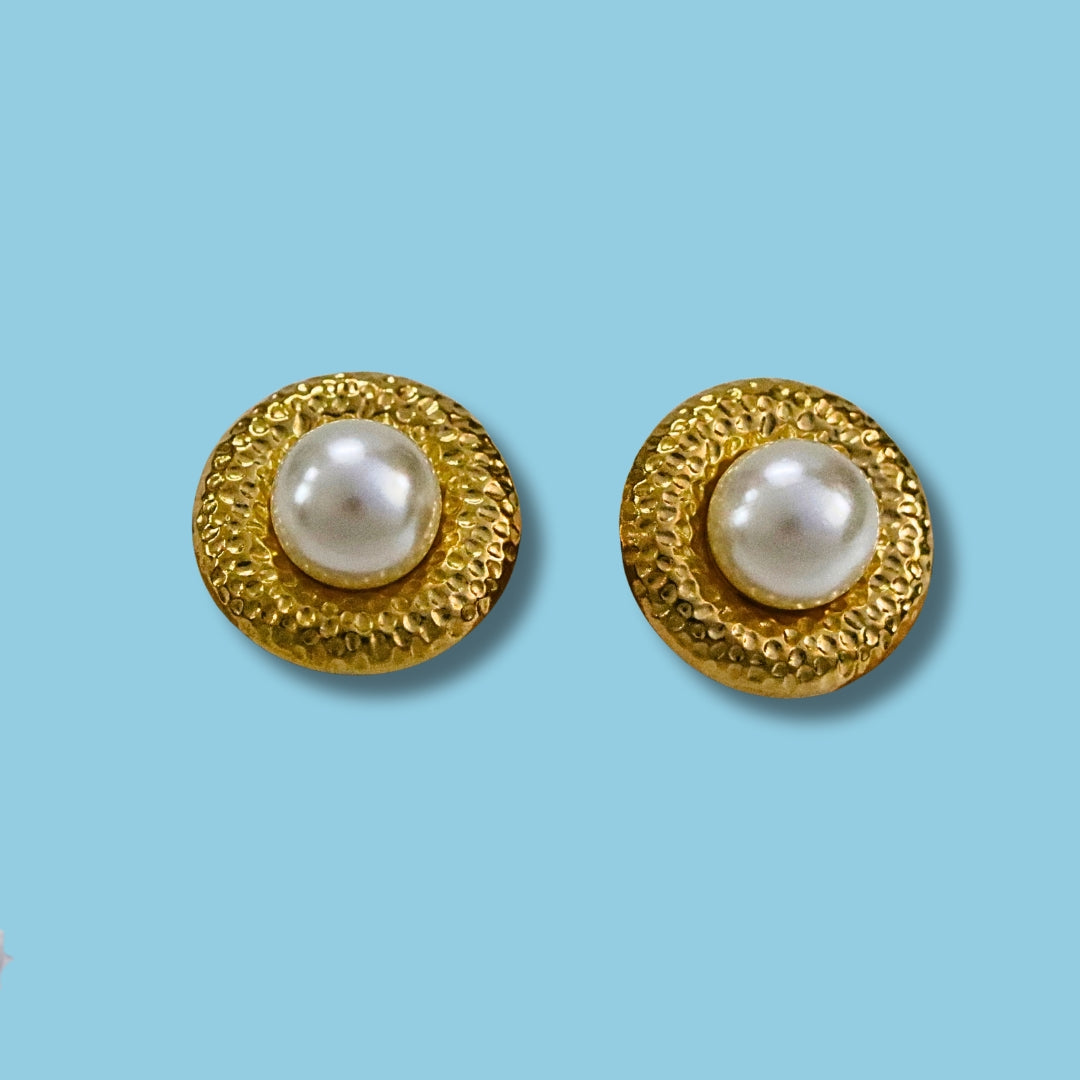 Hammered Gold Tone Pearl Earrings