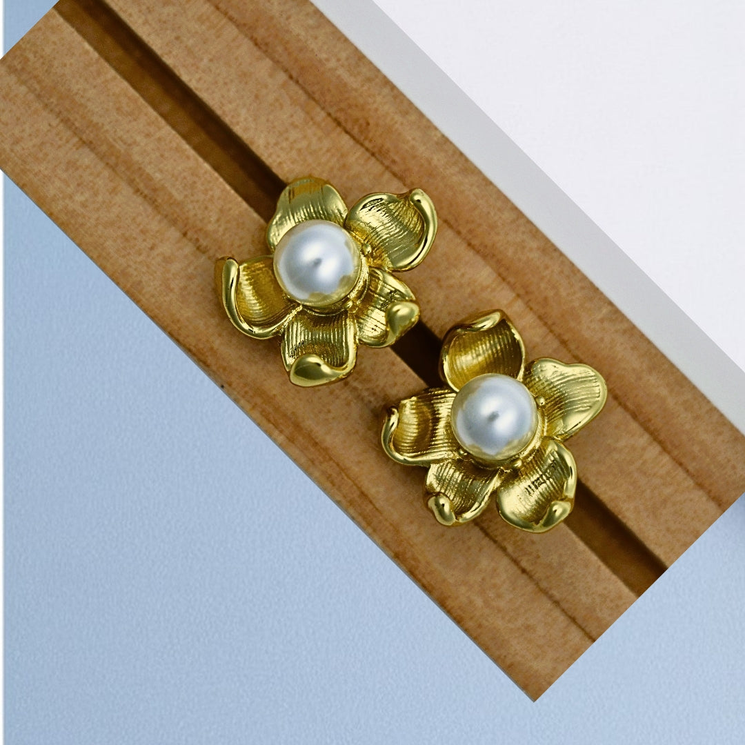Gold Tone Flower Pearl Earrings