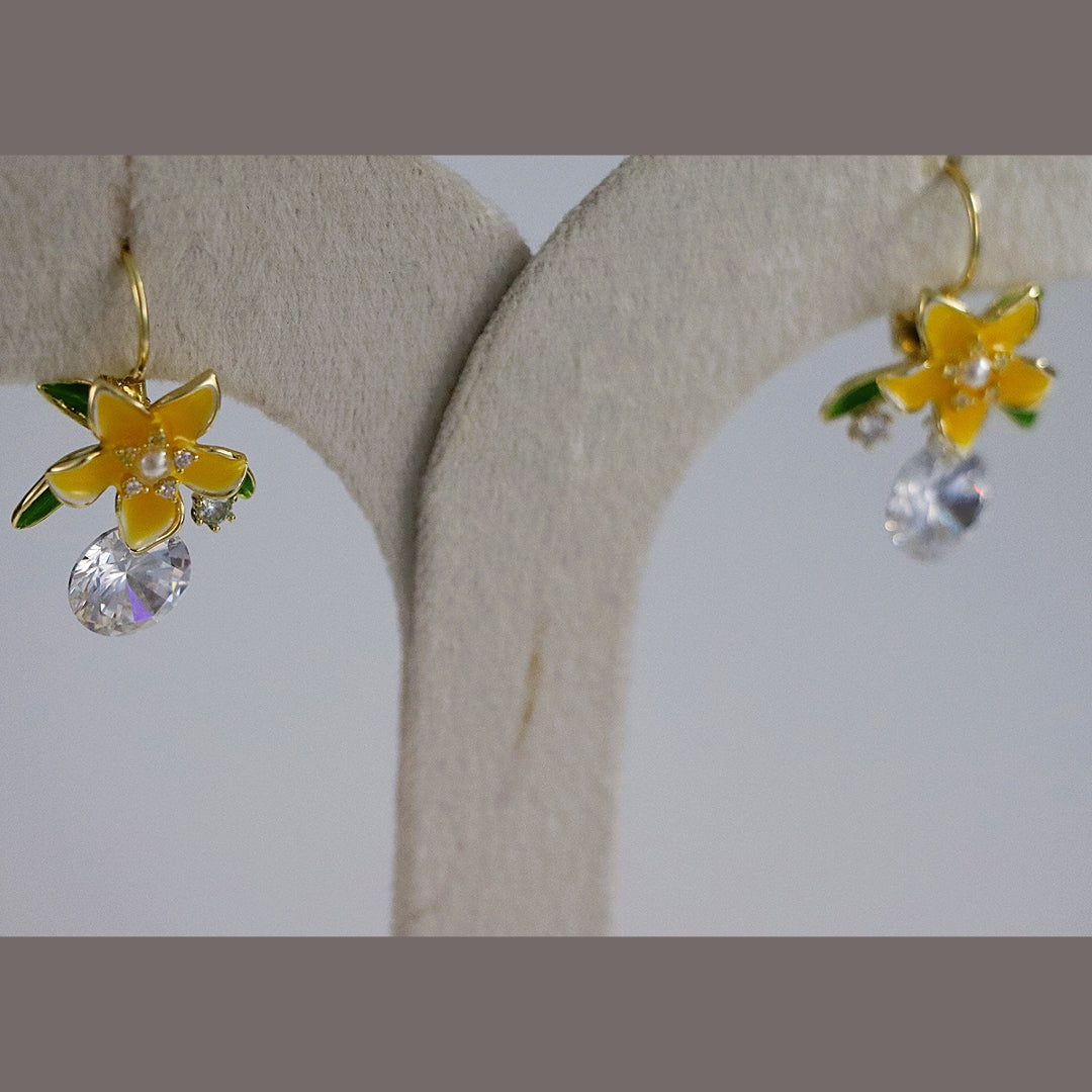 Yellow Enamel Flower with Clear Zirconia Stones Earrings